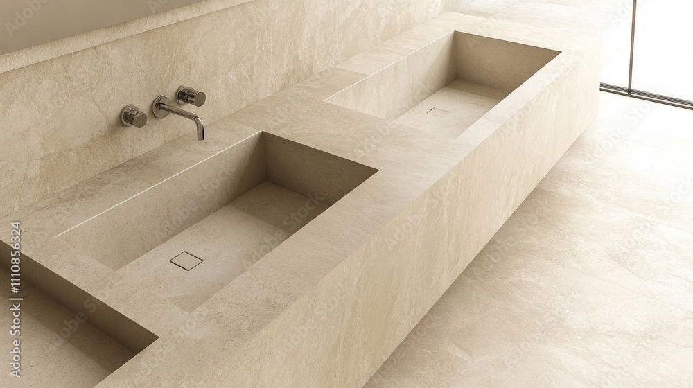 An upper perspective of a luxurious beige bathroom, featuring a stone double sink and sleek bathtub with a mixer faucet, offering modern comfort An upper perspective of a luxurious beige bathroom, featuring a stone double sink and sleek bathtub with a mixer faucet, offering modern comfort