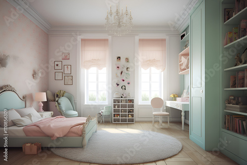  Interior of playroom for children at home painted in pastel colors.



