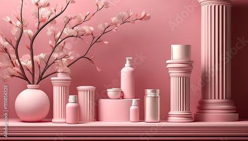 Display of skincare items centered on grecian columns against a pink monochromatic background  photo