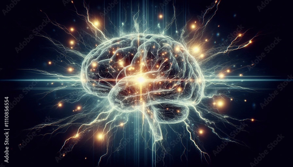 Floating brain surrounded by lightning and glowing lights, symbolizing energy and futuristic power Floating brain surrounded by lightning and glowing lights, symbolizing energy and futuristic power