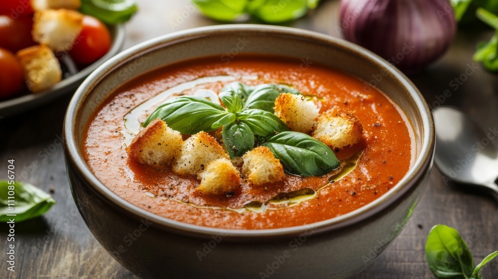Photo of, A bowl of creamy tomato basil soup garnished with a dollop of pesto, Soup in bowl Photo of, A bowl of creamy tomato basil soup garnished with a dollop of pesto, Soup in bowl
