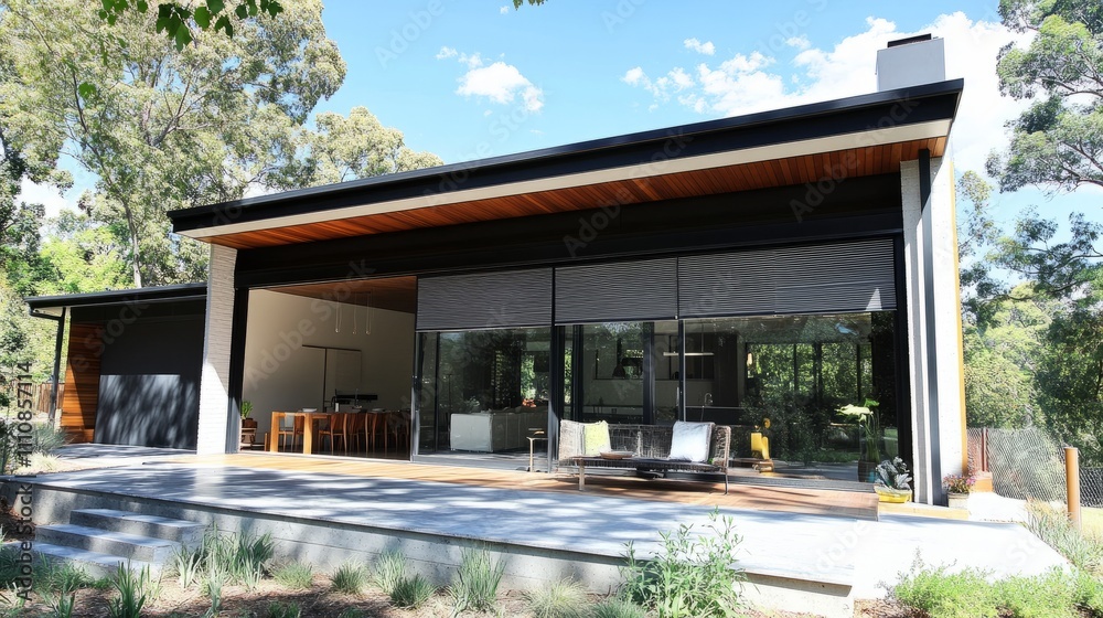 Exterior of a modern house featuring large windows with stylish outside roller blinds, offering shade and complementing the clean lines of the design. Exterior of a modern house featuring large windows with stylish outside roller blinds, offering shade and complementing the clean lines of the design.