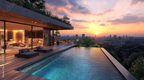 Luxurious Rooftop Pool with City Views at Sunset photo