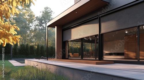 Obraz na płótnie Exterior shot of a contemporary home with outside roller blinds, showcasing the