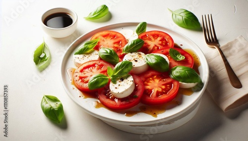 Fresh Caprese salad on a white plate with tomatoes, mozzarella, and basil