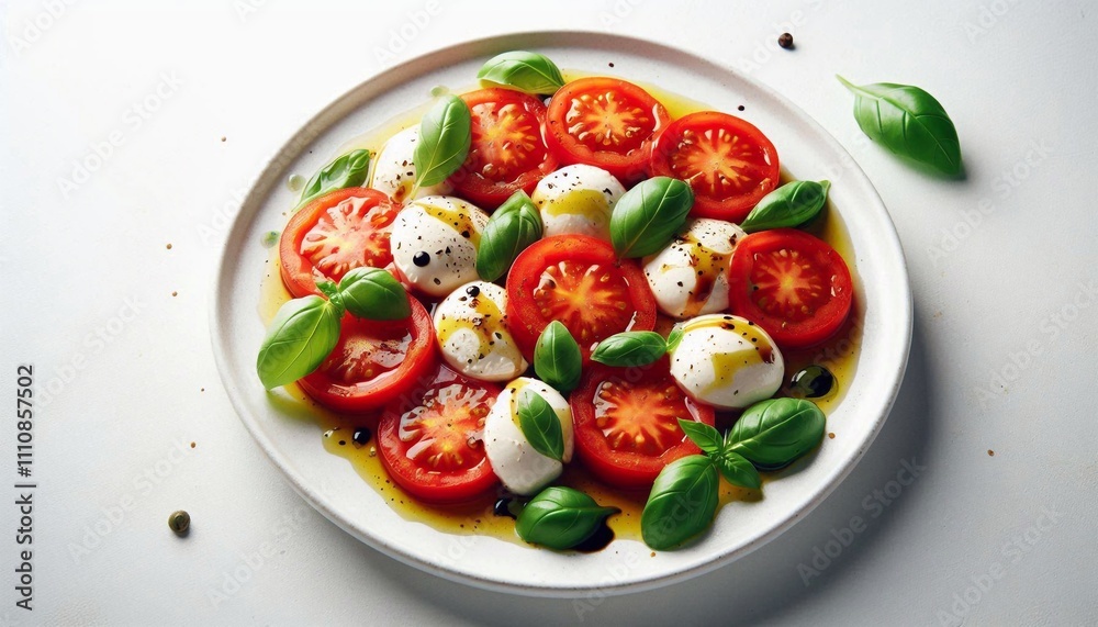 Fresh Caprese salad on a white plate with tomatoes, mozzarella, and basil Fresh Caprese salad on a white plate with tomatoes, mozzarella, and basil
