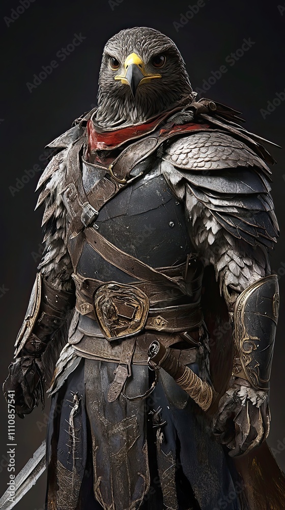 Fototapeta premium Eagle Headed Warrior in Dark Armor and Sword
