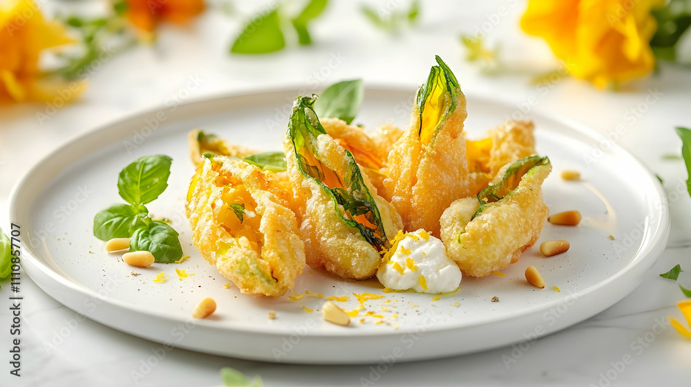 Stuffed Zucchini Blossoms with Whipped Ricotta, Pine Nuts and Lemon Zest, Italian Summer Photography Stuffed Zucchini Blossoms with Whipped Ricotta, Pine Nuts and Lemon Zest, Italian Summer Photography