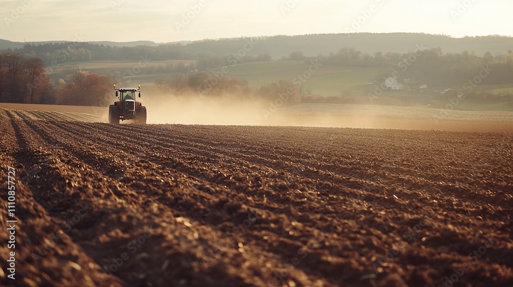 Fototapeta premium Tractor plowing field at sunset, dust trails visible.