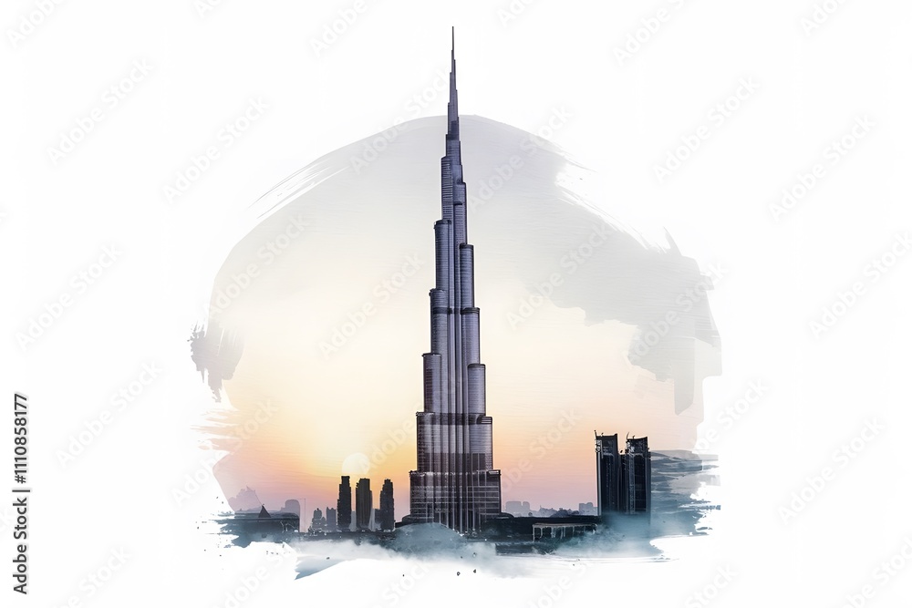 Fototapeta premium Skyline of Dubai Cityscape landmark skyline. Watercolor illustration 