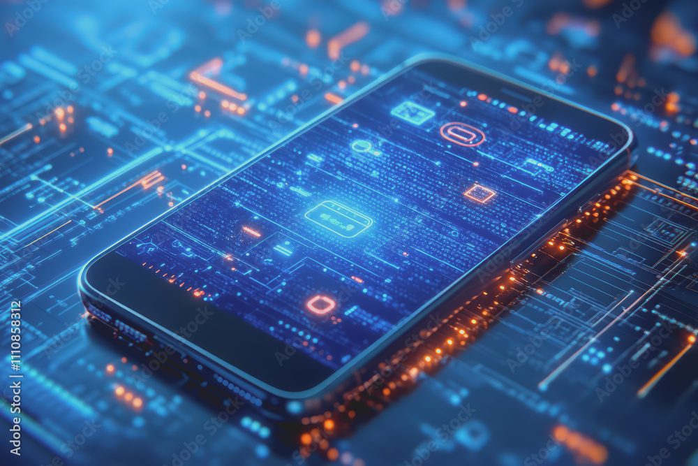 Modern smartphone design is placed on a blue background with a digital theme showing various icons. Modern smartphone design is placed on a blue background with a digital theme showing various icons.