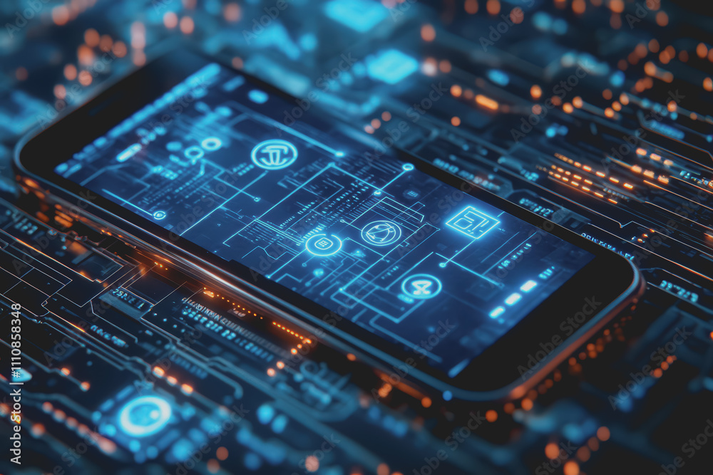 Modern smartphone design is placed on a blue background with a digital theme showing various icons. Modern smartphone design is placed on a blue background with a digital theme showing various icons.