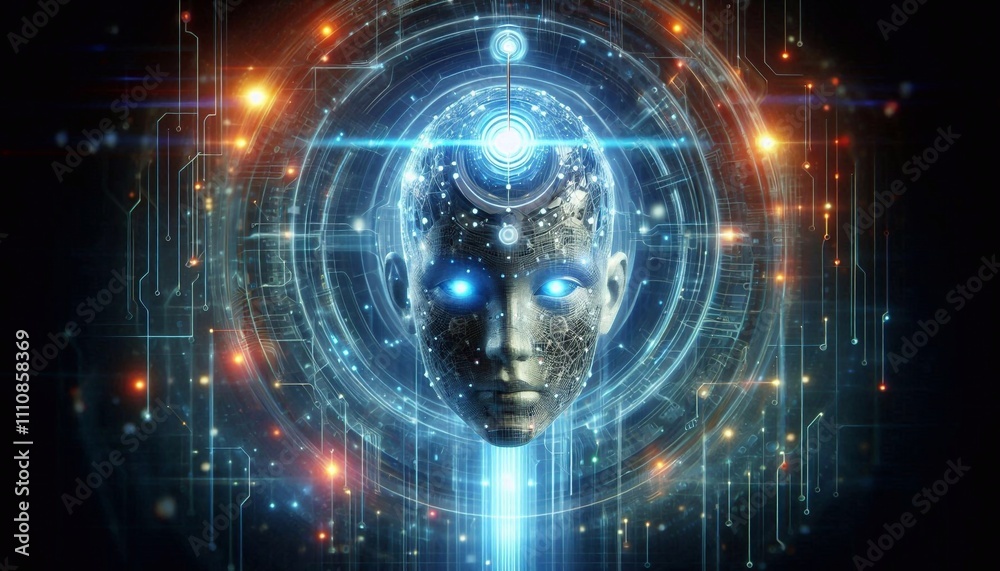 Floating robotic head with glowing eyes and antenna, symbolizing AI technology Floating robotic head with glowing eyes and antenna, symbolizing AI technology