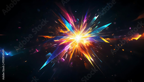 A dazzling explosion of vibrant light and color, featuring sharp, prismatic beams radiating from a central glowing point, creating an abstract, futuristic energy burst on a dark background