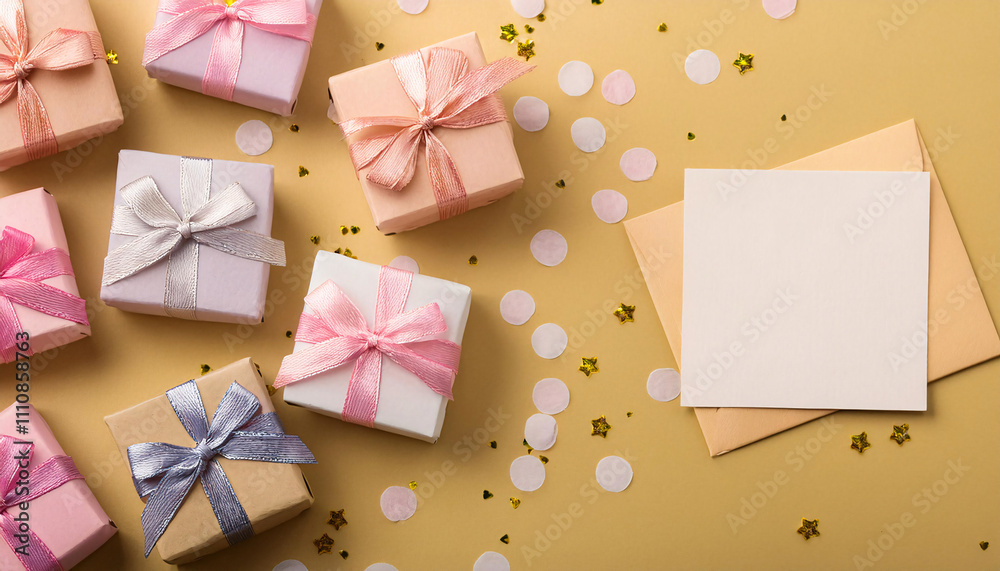 Decorative wedding favor boxes arranged on a flat surface with ribbons and confetti showcasing a celebratory atmosphere Decorative wedding favor boxes arranged on a flat surface with ribbons and confetti showcasing a celebratory atmosphere