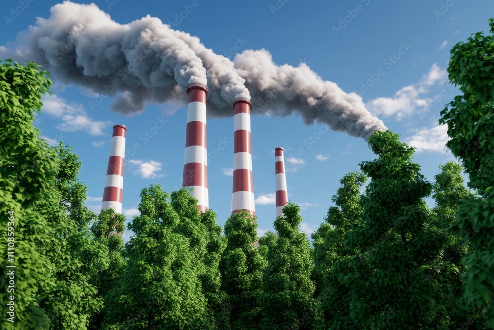 A creative rendering of the green brush industry releasing smoke from tall chimneys, with the pollution spreading into the sky, illustrating its ecological footprint A creative rendering of the green brush industry releasing smoke from tall chimneys, with the pollution spreading into the sky, illustrating its ecological footprint