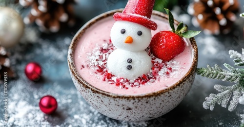 Winter Christmas Smoothie Bowl with Coconut and Snowman. AI generated illustration.