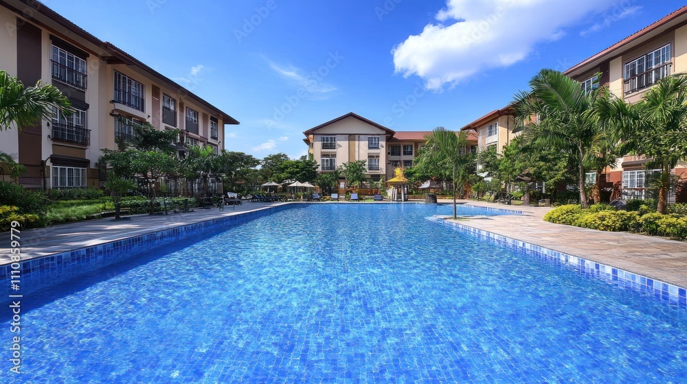 Fototapeta premium Resort style pool with buildings and landscaping.