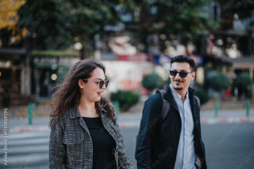 A man and woman, both in business attire, walk and engage in a lighthearted conversation on a city street. The scene captures a relaxed business moment in an urban setting. A man and woman, both in business attire, walk and engage in a lighthearted conversation on a city street. The scene captures a relaxed business moment in an urban setting.