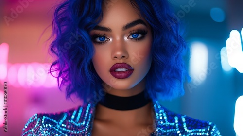 A striking young Black woman with vibrant blue hair and bold makeup, exuding confidence and glamour.