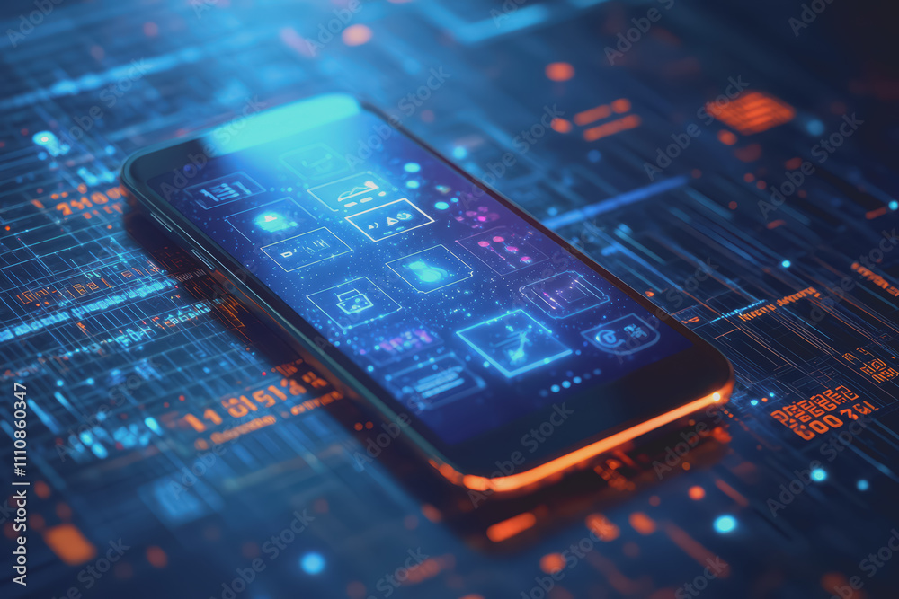 Modern smartphone design is placed on a blue background with a digital theme showing various icons. Modern smartphone design is placed on a blue background with a digital theme showing various icons.