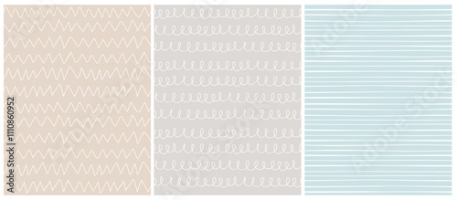 Trendy Seamless Childish Vector Patterns. Abstract Doodle Print. White Hand Drawn Lines, Waves and Zig Zags Isolated on a Beige, Gray and Pastel Blue Background. Simple Irregular Geometric Pattern.