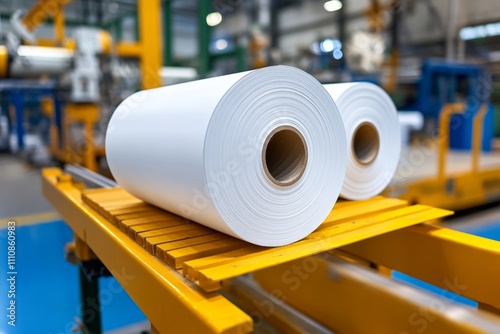 A detailed close-up of advanced machinery in a modern paper factory, illustrating the production process of coated paper and high-quality cardboard sheets