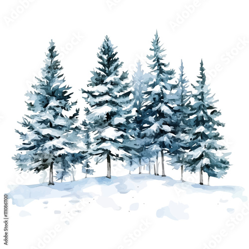 Watercolor snowy pine tree forest scene isolated on, Watercolor Christmas tree farm with snow-covered evergreens isolated on white background.