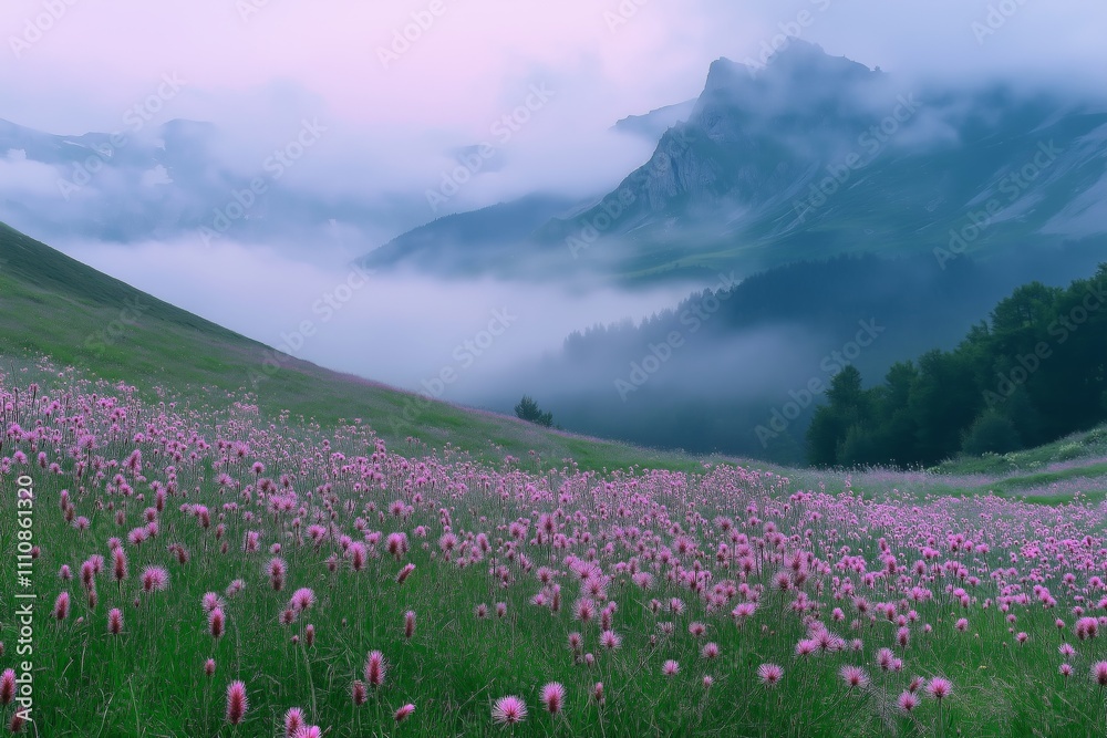 Fototapeta premium A field of pink flowers with a cloudy sky in the background