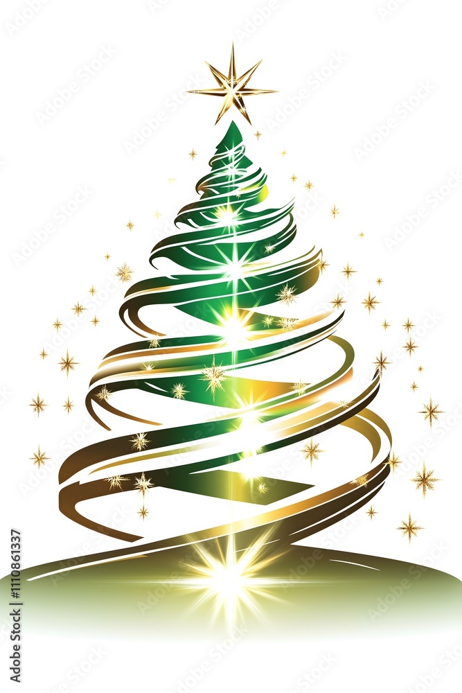 Spiraling ribbon-style Christmas tree in green and gold, glowing with golden sparkles on a white background. Spiraling ribbon-style Christmas tree in green and gold, glowing with golden sparkles on a white background.