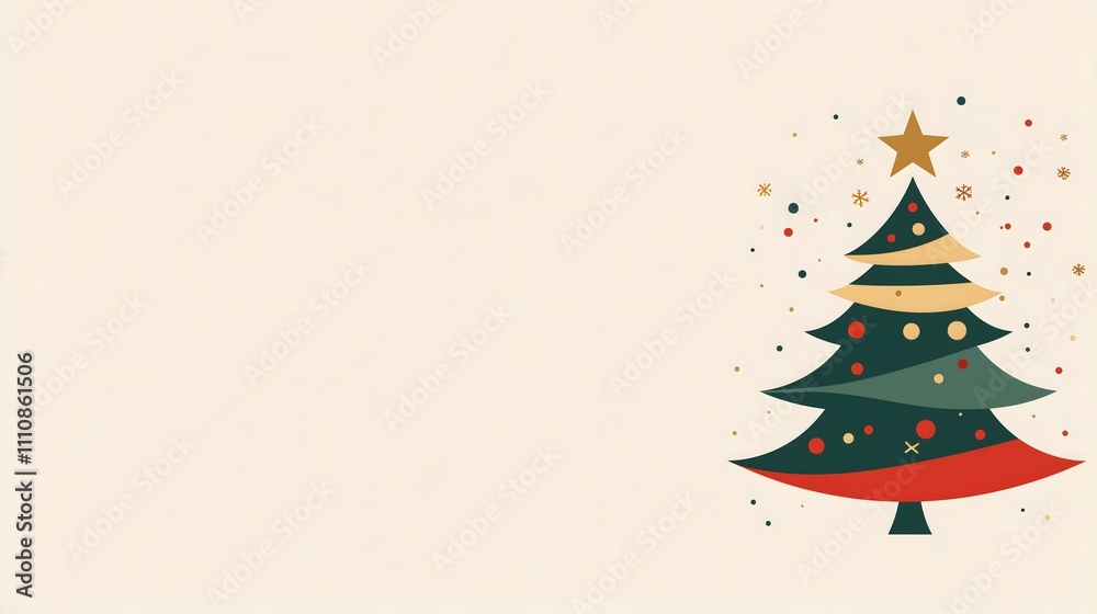 Minimalist Christmas card with a layered tree in festive colors and a gold star, set against a beige background. Minimalist Christmas card with a layered tree in festive colors and a gold star, set against a beige background.