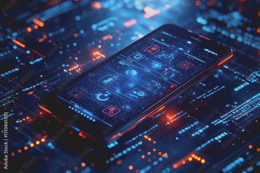 Modern smartphone design is placed on a blue background with a digital theme showing various icons. Modern smartphone design is placed on a blue background with a digital theme showing various icons.