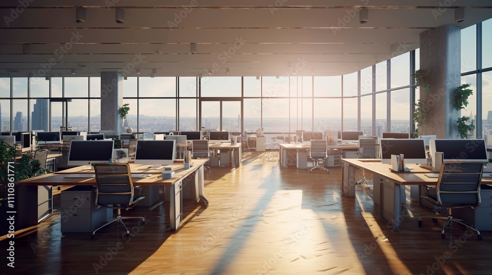 A photo of a call center office with natural