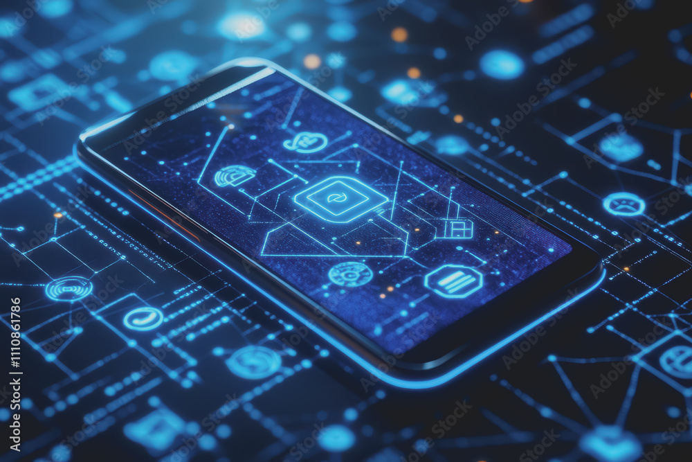Modern smartphone design is placed on a blue background with a digital theme showing various icons. Modern smartphone design is placed on a blue background with a digital theme showing various icons.