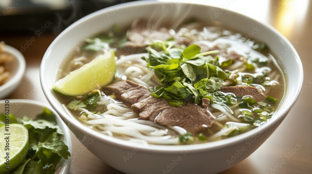 Photo of, A bowl of fragrant pho filled with rice noodles, thinly sliced beef Photo of, A bowl of fragrant pho filled with rice noodles, thinly sliced beef