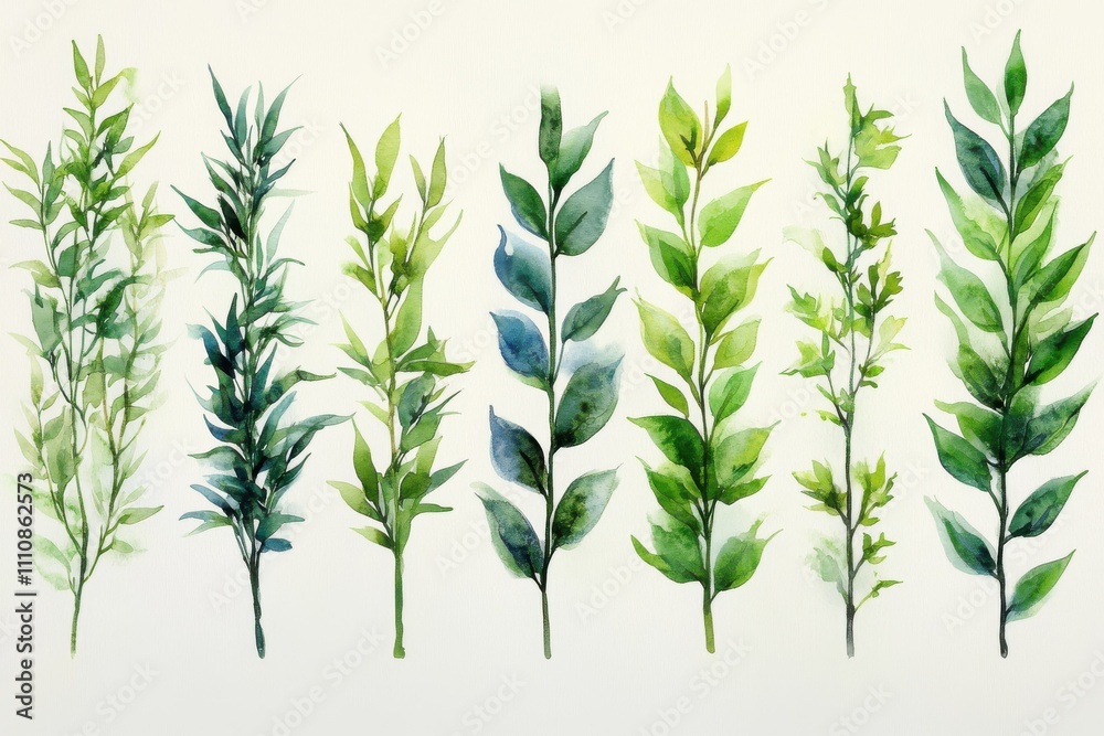 Fototapeta premium A collection of watercolor-painted green leaves arranged in a row.
