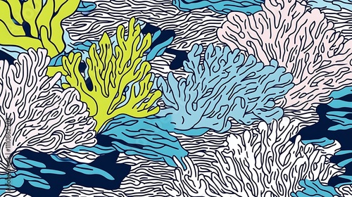 Fototapeta Naklejka Na Ścianę i Meble -  Abstract illustration of vibrant coral reef in various shades of blue, pink, and yellow.