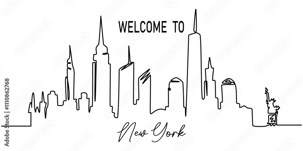 Obraz premium illustration of a city, One line style New York City skyline. Simple modern minimaistic style vector, New York Skyline, Modern cityscape continuous one line vector drawing. Metropolis architecture.