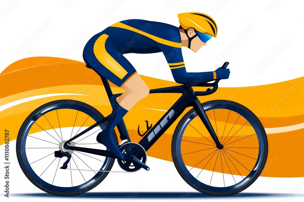 Obraz premium A flat vector of a cyclist pedaling uphill, with dynamic motion lines and bright hues on a clean white canvas