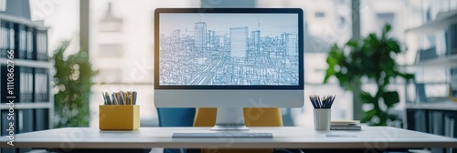 A modern office desk with a computer displaying a cityscape, surrounded by stationery and greenery, conveying a productive work environment.