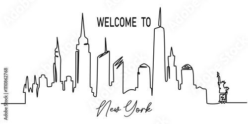 illustration of a city, One line style New York City skyline. Simple modern minimaistic style vector, New York Skyline, Modern cityscape continuous one line vector drawing. Metropolis architecture.