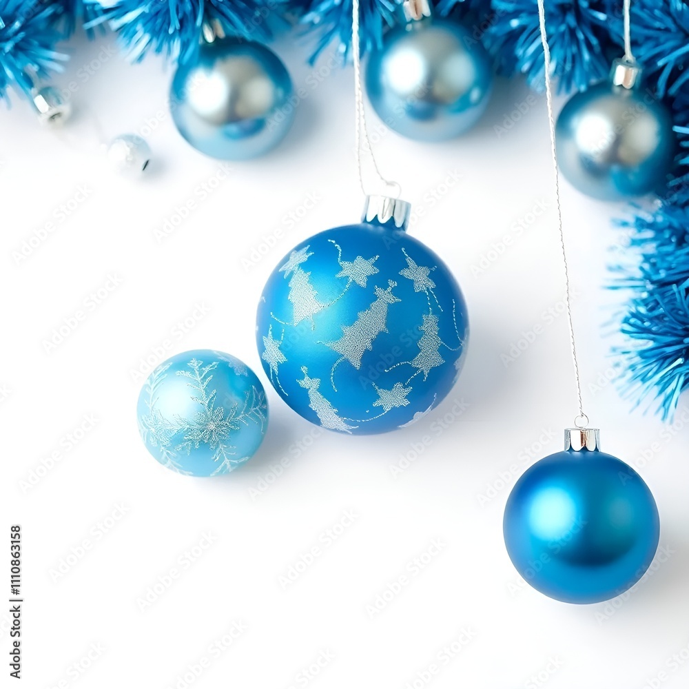 Christmas Blue and Silver Decorative Balls for New Year, Isolated on White Background