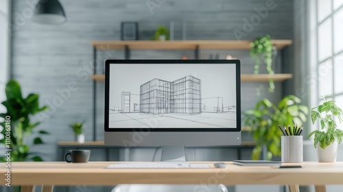 A modern workspace featuring a computer displaying architectural sketches, surrounded by greenery and minimalist decor.