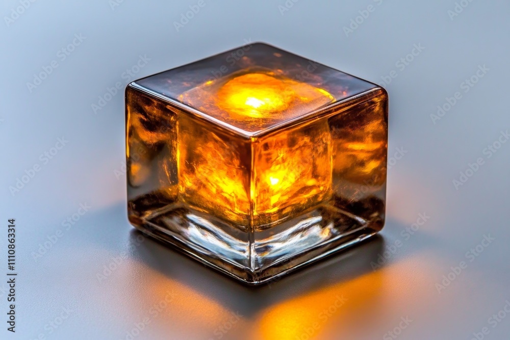 A geometric depiction of a transparent cube with a glowing center, placed against a white background
