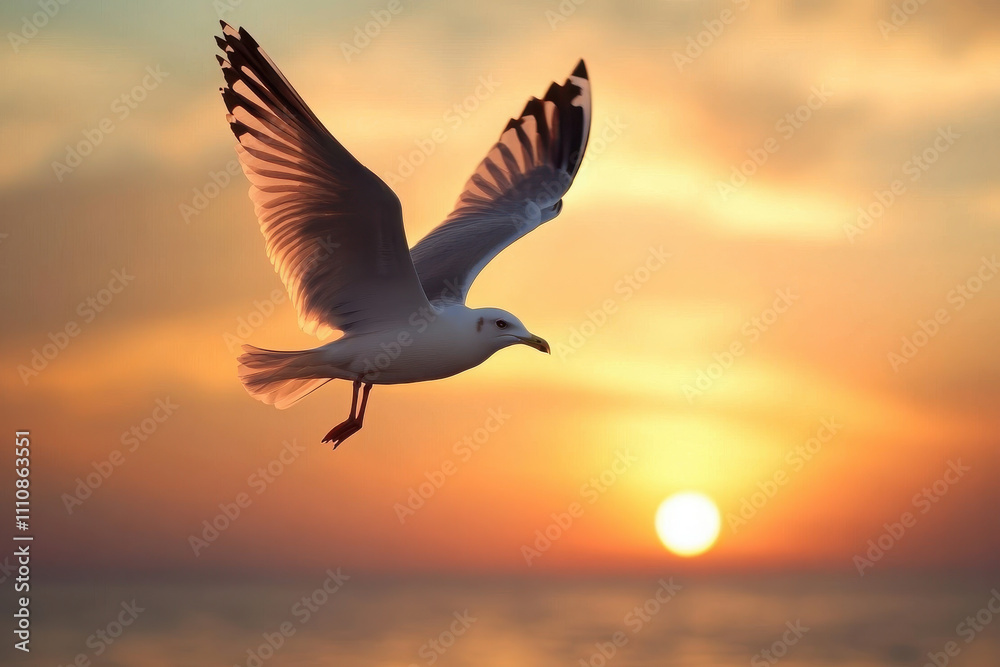 Fototapeta premium A seagull in flight against a vibrant sunset over the ocean.
