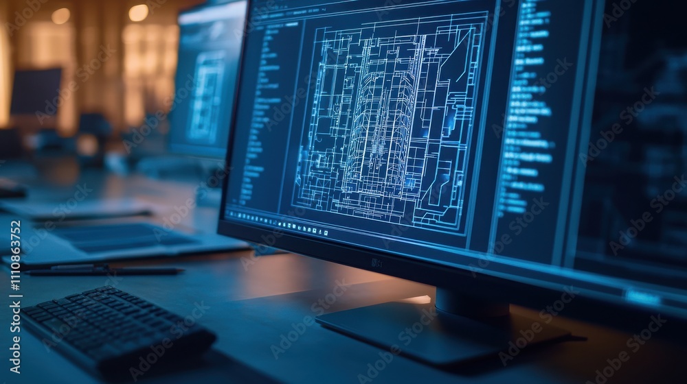 A sleek computer setup displays a blue digital circuit board on the screen, suggesting advanced technology and programming in a modern workspace. A sleek computer setup displays a blue digital circuit board on the screen, suggesting advanced technology and programming in a modern workspace.