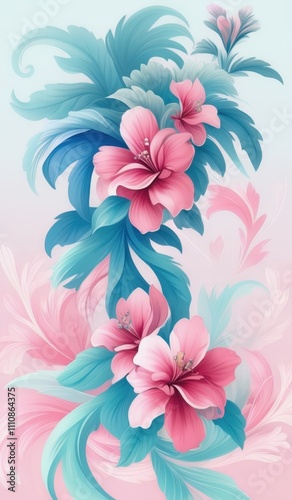 a close up of a flower with blue and pink flowers