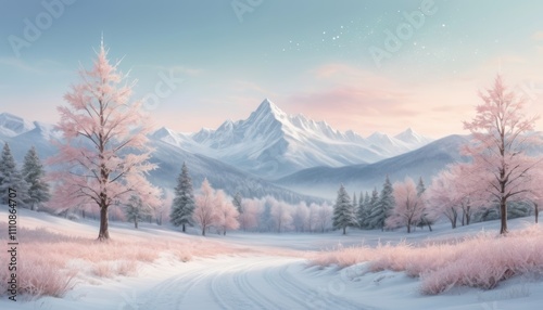 illustration of a snowy landscape illuminated in the morning with an almost magical light