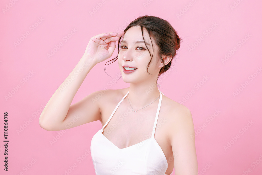 Pretty Asian woman model perfect clear fresh skin on isolated pink background. Portrait female beauty blogger make up artist in studio. Skincare, plastic surgery, spa concept. Pretty Asian woman model perfect clear fresh skin on isolated pink background. Portrait female beauty blogger make up artist in studio. Skincare, plastic surgery, spa concept.