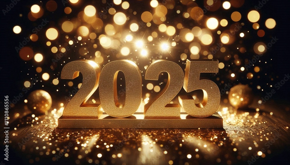 Golden glittery '2025' numbers surrounded by festive bokeh lights, celebrating the New Year Golden glittery '2025' numbers surrounded by festive bokeh lights, celebrating the New Year